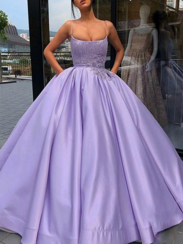 Ball Gown Satin Applique Spaghetti Straps Sleeveless Floor-Length Dresses 5673