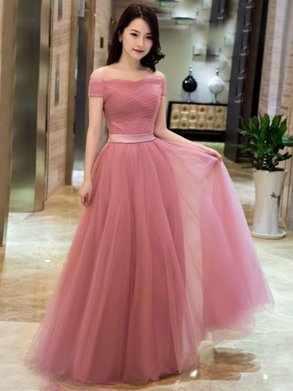 A-Line/Princess Tulle Ruffles Off-the-Shoulder Sleeveless Floor-Length Dresses 5357