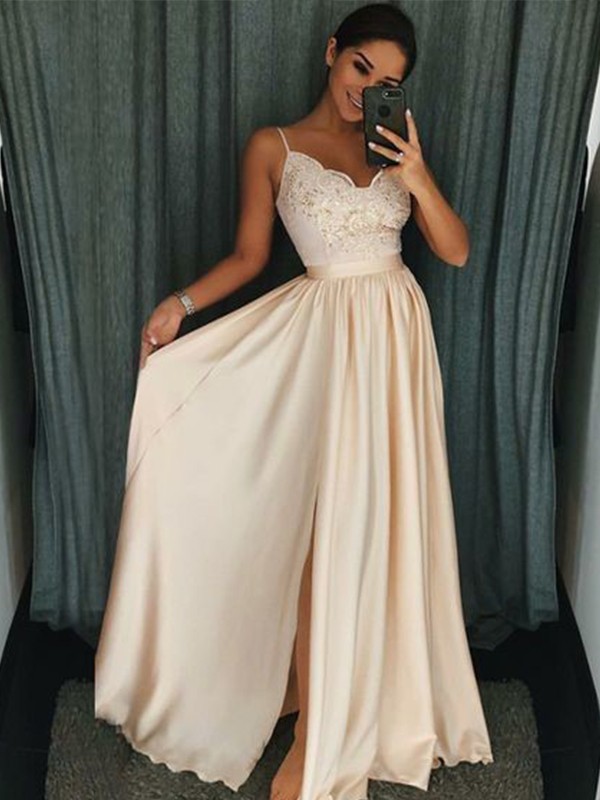 A-Line/Princess Sleeveless Spaghetti Straps Floor-Length Applique Silk like Satin Dresses 4596