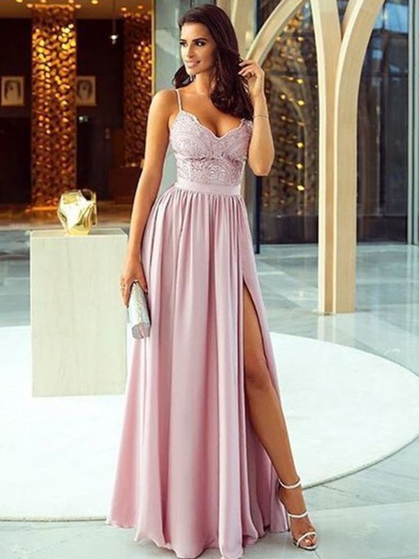 A-Line/Princess Sleeveless Spaghetti Straps Floor-Length Applique Silk like Satin Dresses 4596