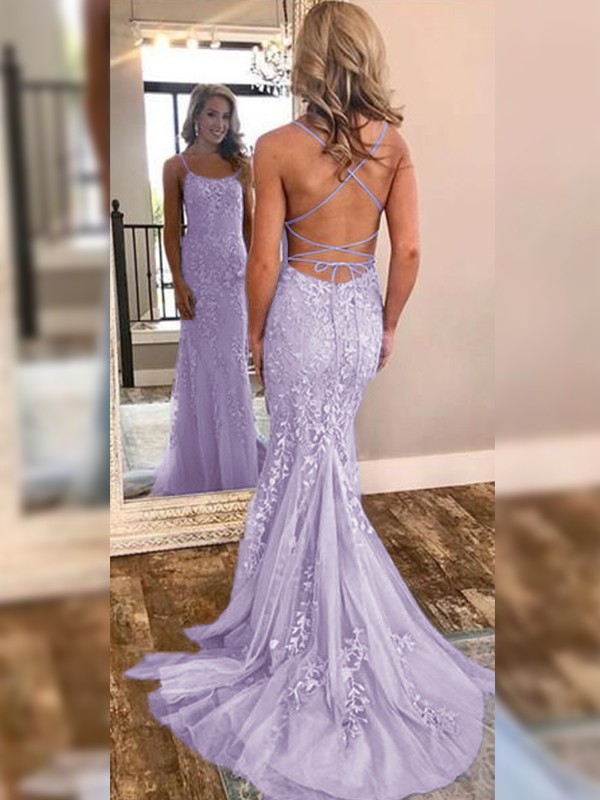 Trumpet/Mermaid Sleeveless Off-the-Shoulder Sweep/Brush Train Lace Tulle Dresses 7340