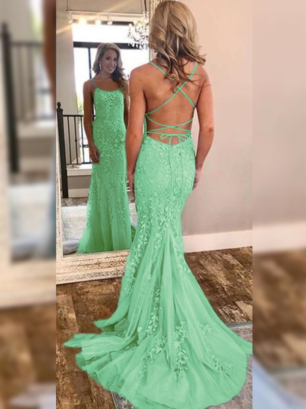 Trumpet/Mermaid Sleeveless Off-the-Shoulder Sweep/Brush Train Lace Tulle Dresses 7340