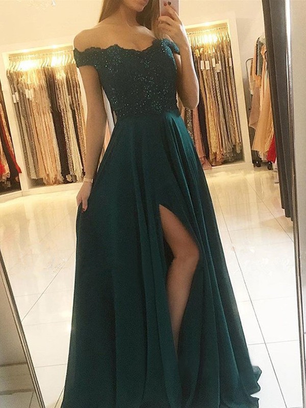 A-Line/Princess Off-the-Shoulder Sleeveless Floor-Length Beading Chiffon Dresses 3812