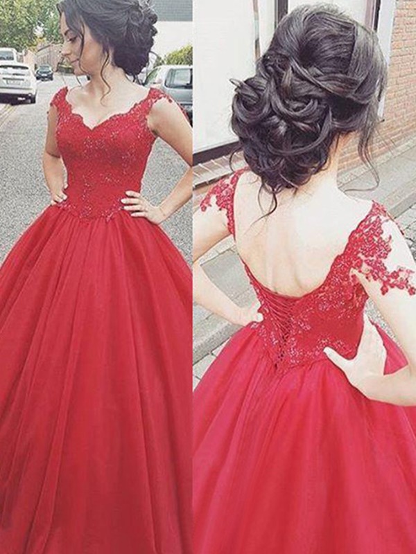 Ball Gown V-neck Sleeveless Floor-Length Applique Satin Dresses 5812