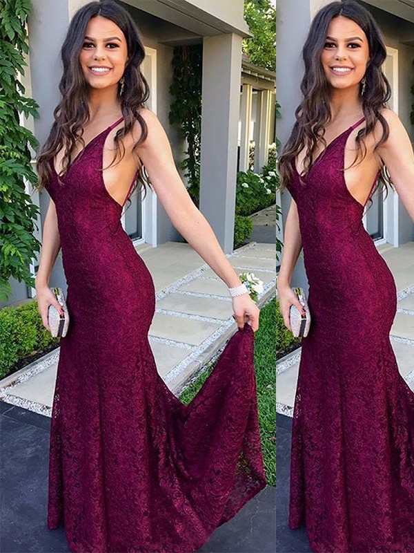 Trumpet/Mermaid Sleeveless V-neck Sweep/Brush Train Lace Dresses 7387