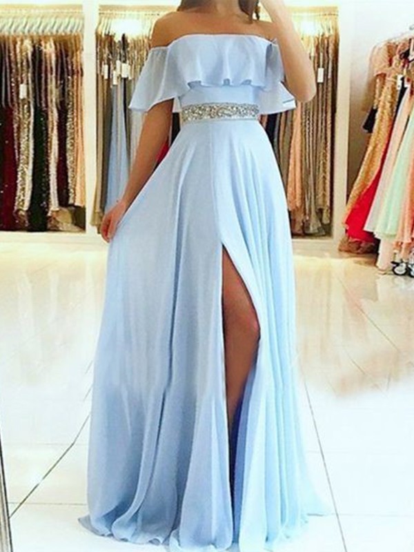 A-Line/Princess Sleeveless Off-the-Shoulder Floor-Length Beading Chiffon Dresses 4551