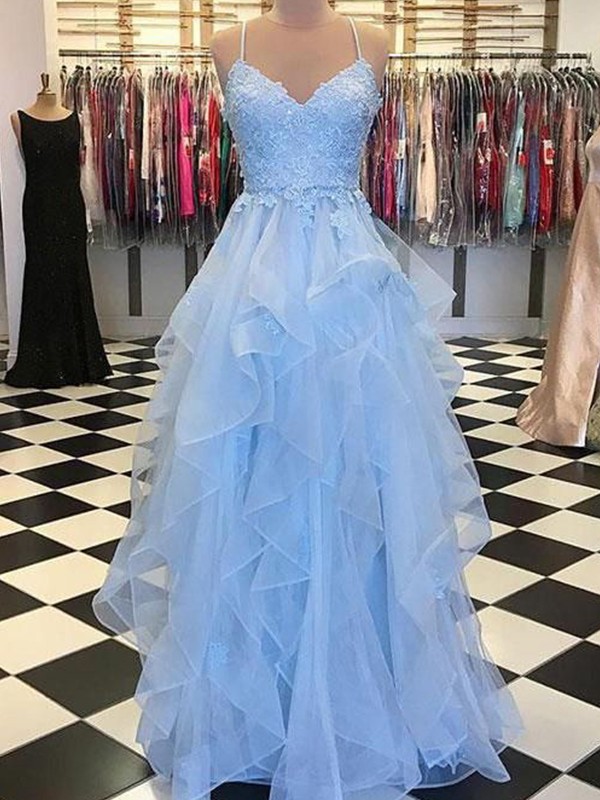 A-Line/Princess Sleeveless Spaghetti Straps Floor-Length Applique Tulle Dresses 4595