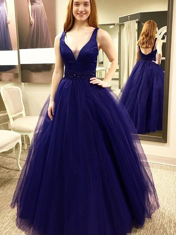 Ball Gown Sleeveless V-neck Floor-Length Beading Tulle Dresses 5734