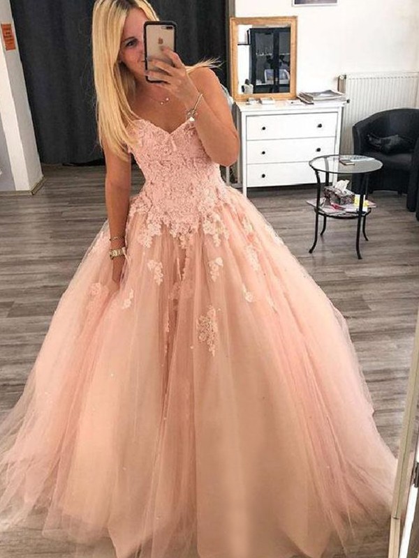 Ball Gown Sleeveless Sweetheart Floor-Length Applique Tulle Dresses 5723