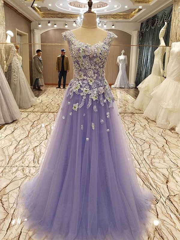 A-Line/Princess Sleeveless Scoop Floor-Length Applique Tulle Dresses 4580