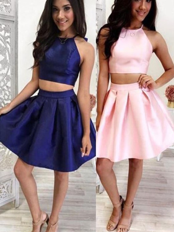 A-Line/Princess Satin Ruffles Halter Sleeveless Short/Mini Two Piece Homecoming Dress 4147