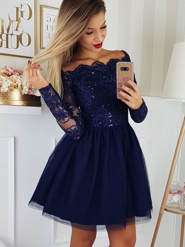 A-Line/Princess Tulle Applique Off-the-Shoulder Long Sleeves Short/Mini Homecoming Dress 5141