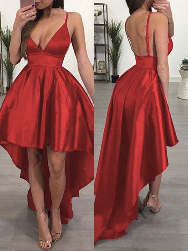 A-Line/Princess Taffeta Ruffles Spaghetti Straps Sleeveless Asymmetrical Homecoming Dress 4181