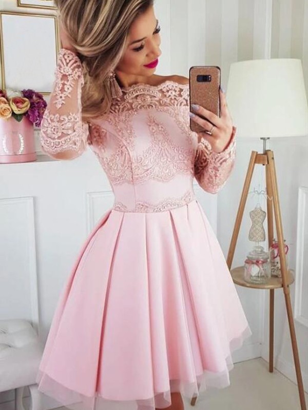 A-Line/Princess Satin Lace Off-the-Shoulder Long Sleeves Short/Mini Homecoming Dresses 4104