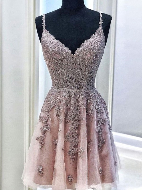 A-Line/Princess Tulle Beading Spaghetti Straps Sleeveless Short/Mini Homecoming Dresses 5290