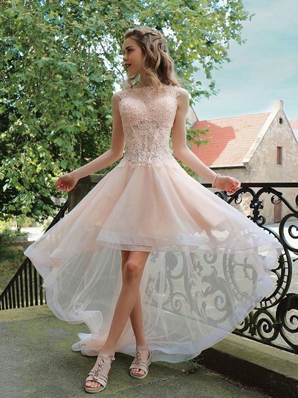 A-Line/Princess Tulle Applique Sheer Neck Sleeveless Asymmetrical Homecoming Dresses 3940