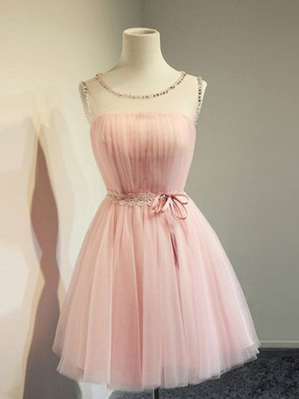 A-Line/Princess Tulle Beading Scoop Sleeveless Short/Mini Homecoming Dresses 5283