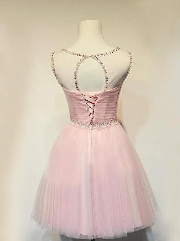 A-Line/Princess Tulle Beading Scoop Sleeveless Short/Mini Homecoming Dresses 5283