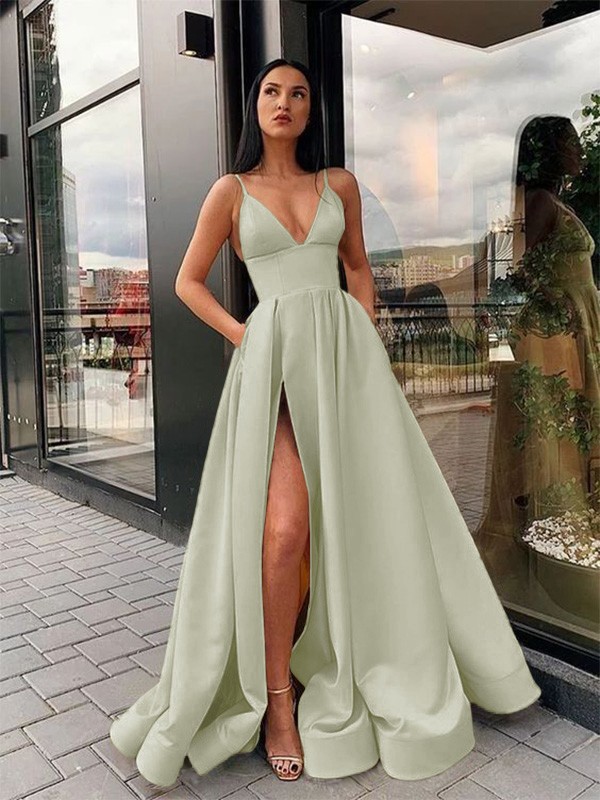 A-Line/Princess Ruffles Satin Spaghetti Straps Sleeveless Floor-Length Dresses 3999