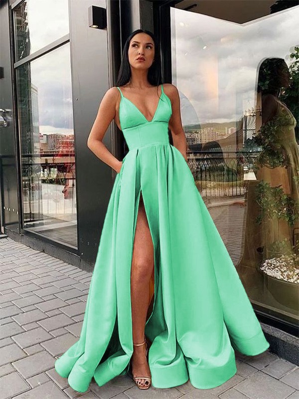 A-Line/Princess Ruffles Satin Spaghetti Straps Sleeveless Floor-Length Dresses 3999