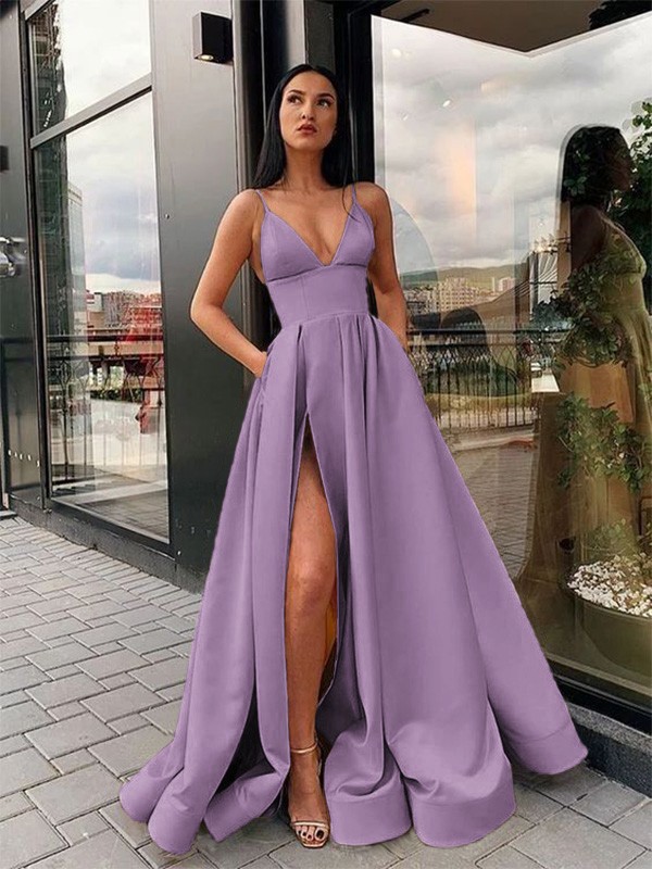 A-Line/Princess Ruffles Satin Spaghetti Straps Sleeveless Floor-Length Dresses 3999