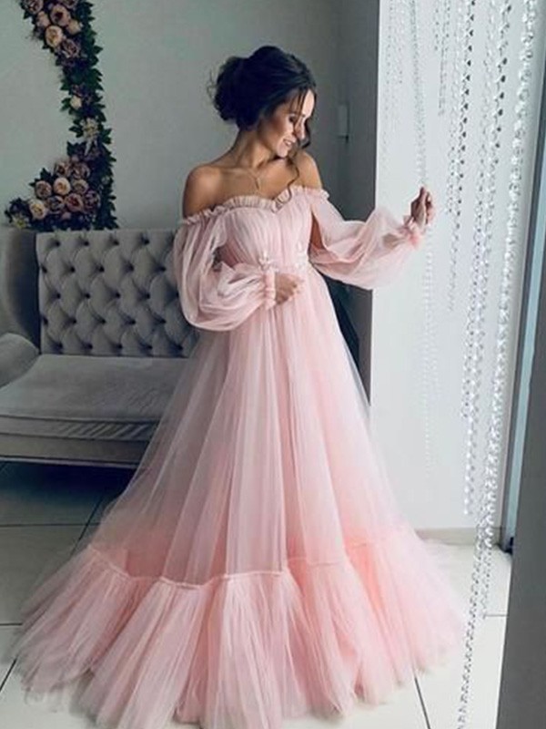 A-Line/Princess Tulle Applique Off-the-Shoulder Long Sleeves Floor-Length Dresses 5140