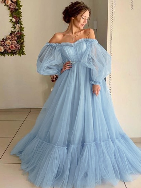 A-Line/Princess Tulle Applique Off-the-Shoulder Long Sleeves Floor-Length Dresses 5140