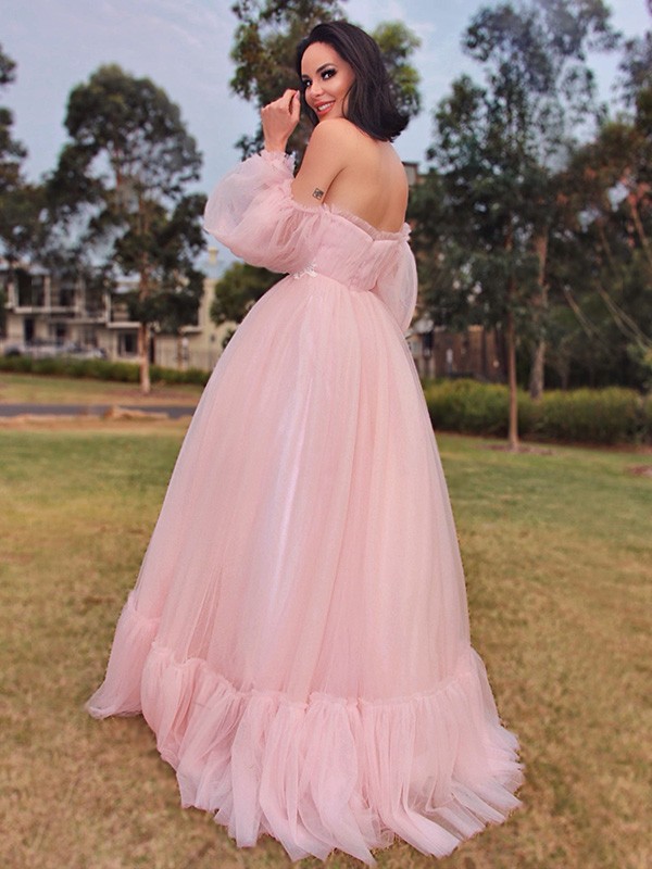 A-Line/Princess Long Sleeves Floor-Length Tulle Applique Off-the-Shoulder Dresses 3757