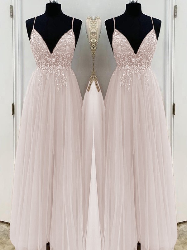 A-Line/Princess Beading Tulle Spaghetti Straps Sleeveless Floor-Length Dresses 3426