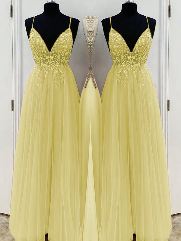 A-Line/Princess Beading Tulle Spaghetti Straps Sleeveless Floor-Length Dresses 3426