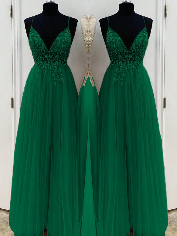 A-Line/Princess Beading Tulle Spaghetti Straps Sleeveless Floor-Length Dresses 3426