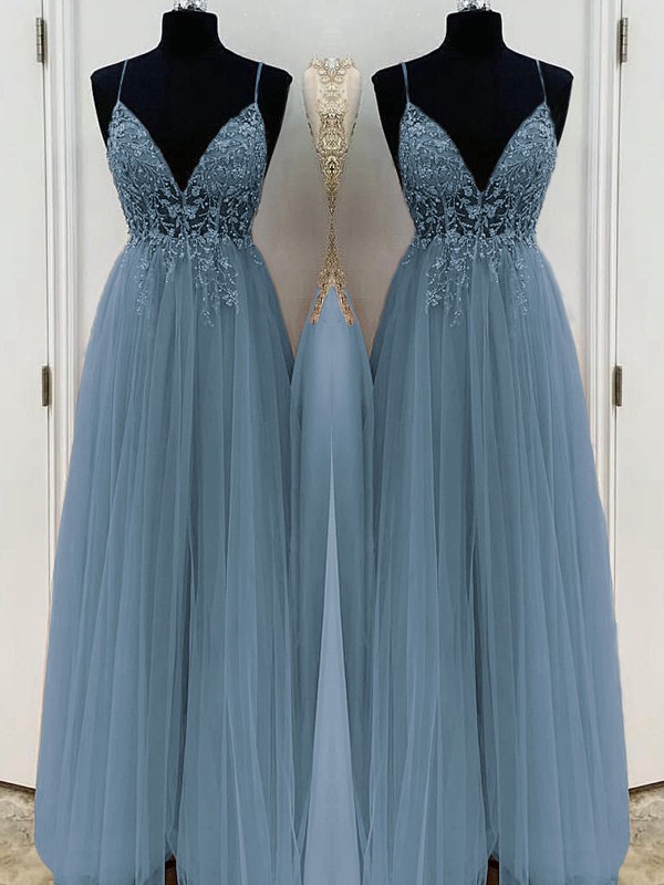 A-Line/Princess Beading Tulle Spaghetti Straps Sleeveless Floor-Length Dresses 3426