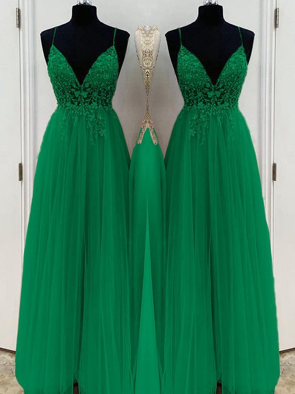 A-Line/Princess Beading Tulle Spaghetti Straps Sleeveless Floor-Length Dresses 3426