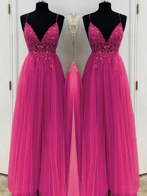 A-Line/Princess Beading Tulle Spaghetti Straps Sleeveless Floor-Length Dresses 3426