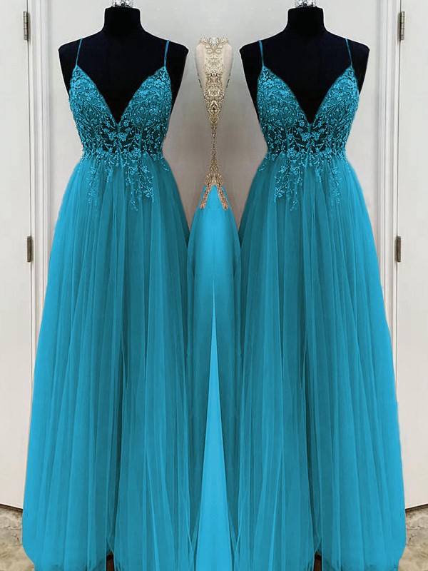 A-Line/Princess Beading Tulle Spaghetti Straps Sleeveless Floor-Length Dresses 3426