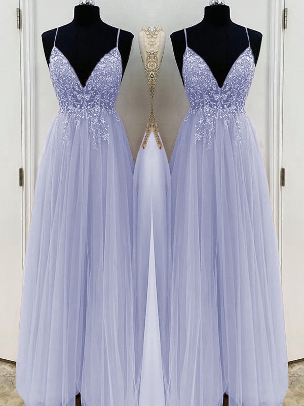 A-Line/Princess Beading Tulle Spaghetti Straps Sleeveless Floor-Length Dresses 3426