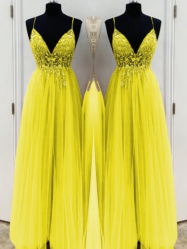 A-Line/Princess Beading Tulle Spaghetti Straps Sleeveless Floor-Length Dresses 3426