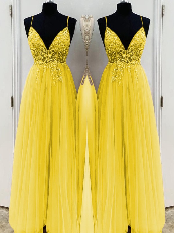 A-Line/Princess Beading Tulle Spaghetti Straps Sleeveless Floor-Length Dresses 3426