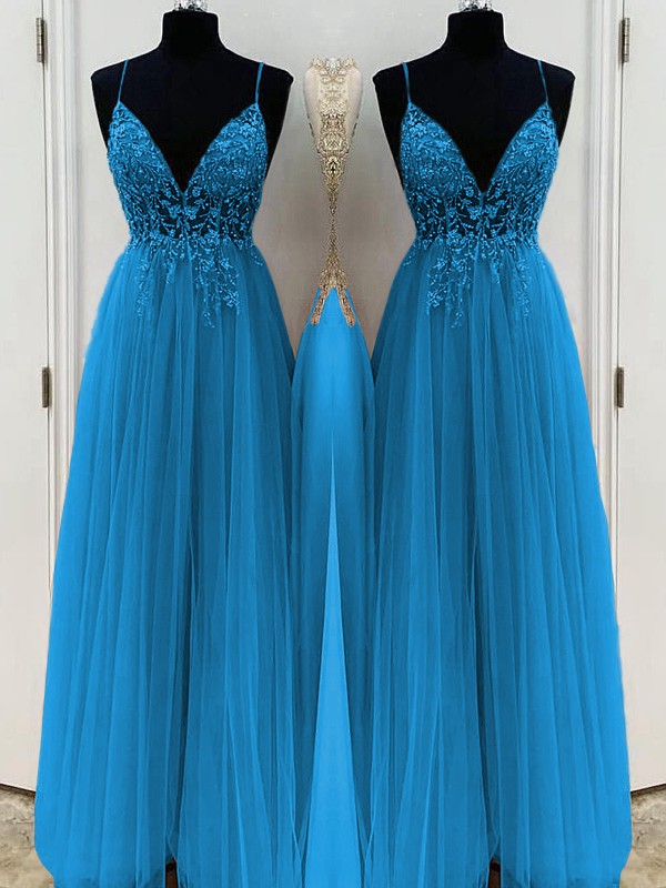 A-Line/Princess Beading Tulle Spaghetti Straps Sleeveless Floor-Length Dresses 3426