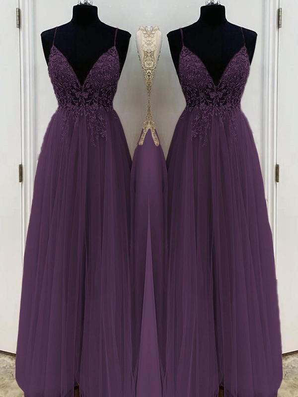 A-Line/Princess Beading Tulle Spaghetti Straps Sleeveless Floor-Length Dresses 3426