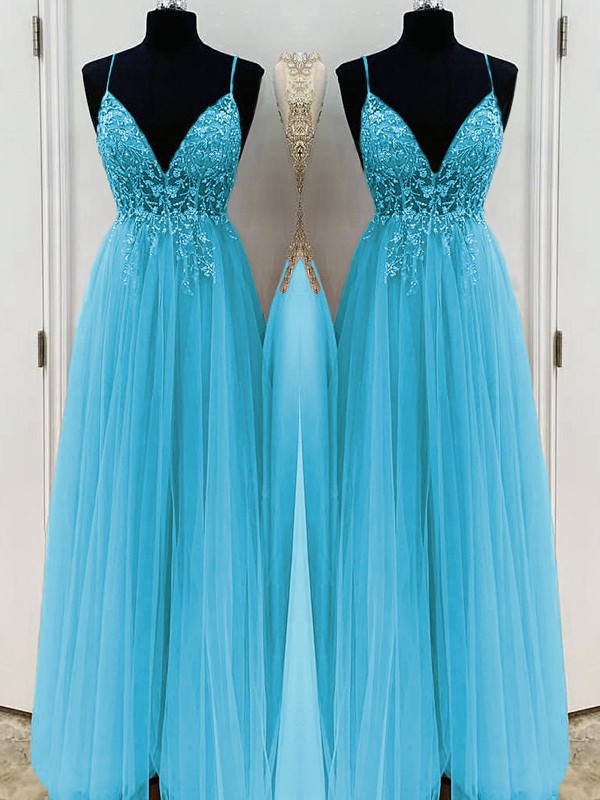 A-Line/Princess Beading Tulle Spaghetti Straps Sleeveless Floor-Length Dresses 3426