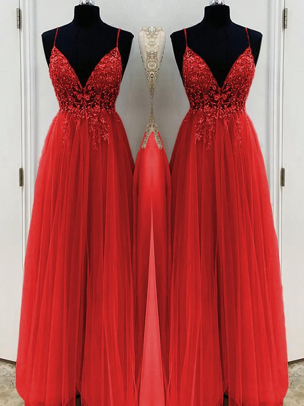 A-Line/Princess Beading Tulle Spaghetti Straps Sleeveless Floor-Length Dresses 3426