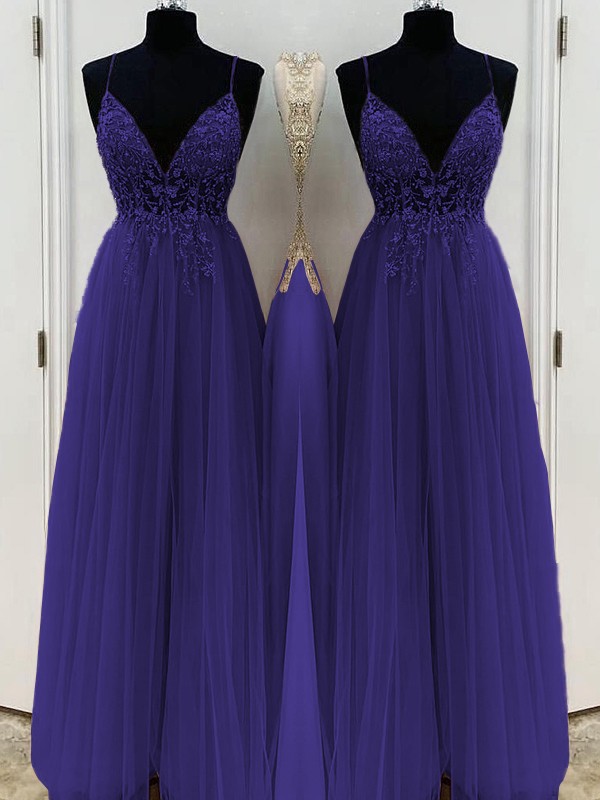 A-Line/Princess Beading Tulle Spaghetti Straps Sleeveless Floor-Length Dresses 3426