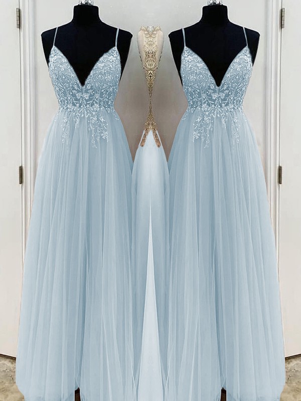 A-Line/Princess Beading Tulle Spaghetti Straps Sleeveless Floor-Length Dresses 3426