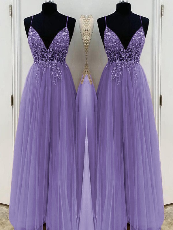 A-Line/Princess Beading Tulle Spaghetti Straps Sleeveless Floor-Length Dresses 3426