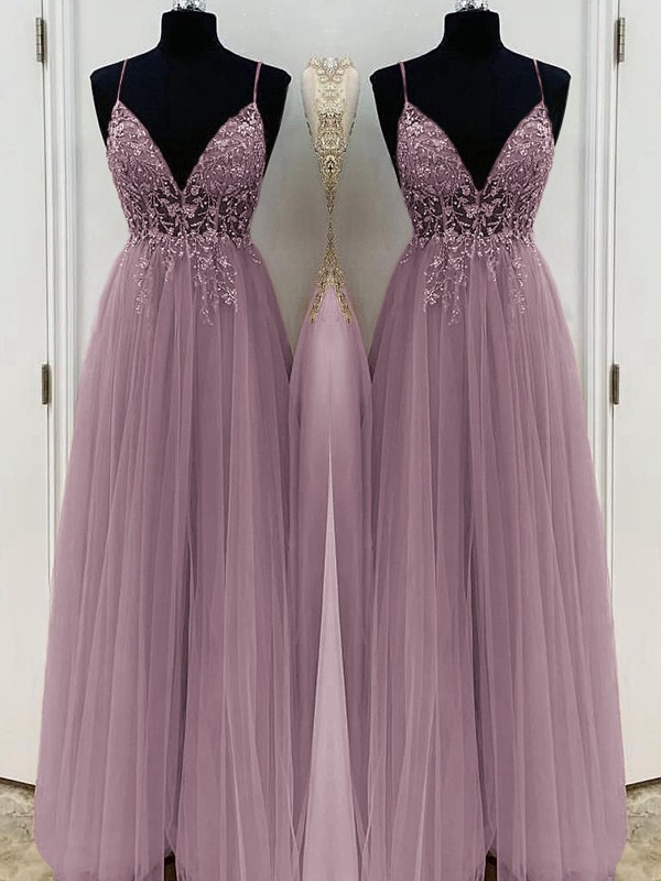 A-Line/Princess Beading Tulle Spaghetti Straps Sleeveless Floor-Length Dresses 3426