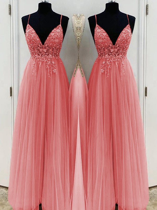 A-Line/Princess Beading Tulle Spaghetti Straps Sleeveless Floor-Length Dresses 3426