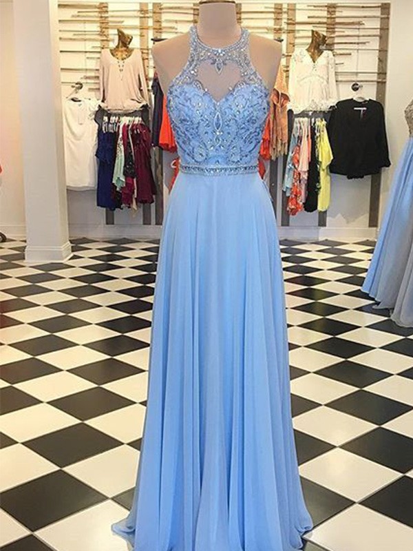 A-Line/Princess Chiffon Beading Halter Sleeveless Floor-Length Dresses 3455