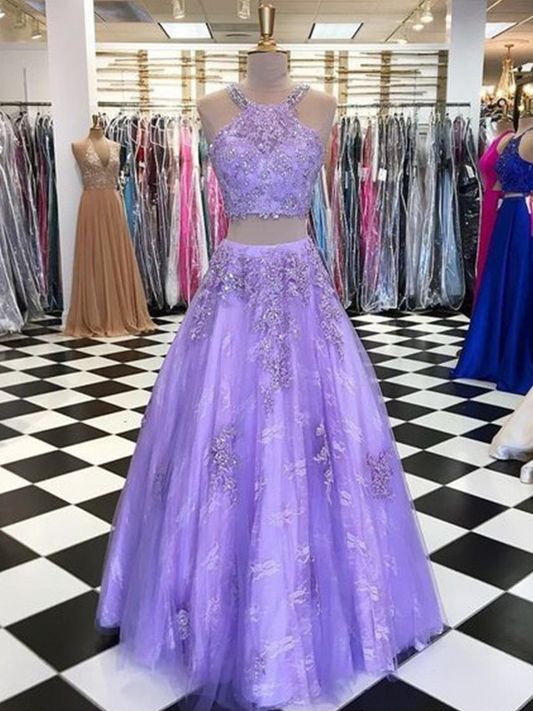 A-Line/Princess Tulle Beading Halter Sleeveless Floor-Length Two Piece Dresses 5273