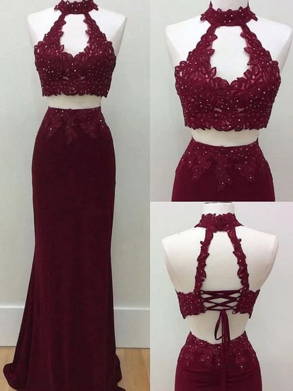 Sheath/Column Applique Halter Sleeveless Floor-Length Spandex Two Piece Dresses 5837